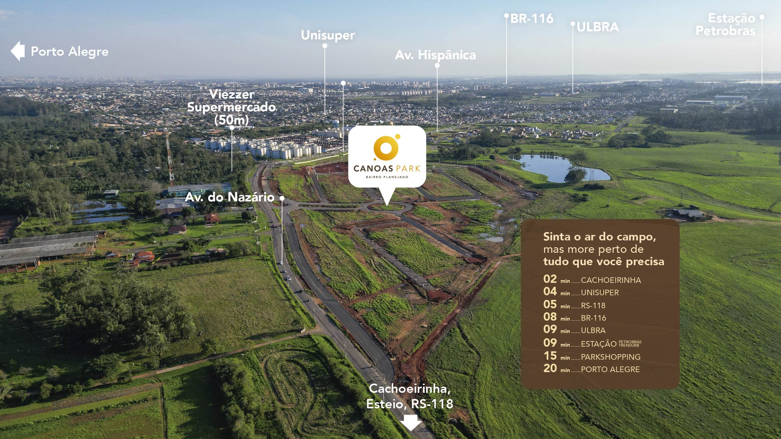 Mapa de localização do Canoas Park entre Canoas, Cachoeirinha, Porto Alegre, BR-116 e RS-118